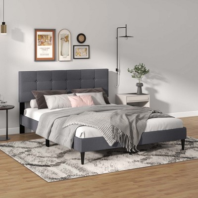 Costway Queen Upholstered Platform Bed Mattress Foundation Button Tufted Headboard Blue/Grey