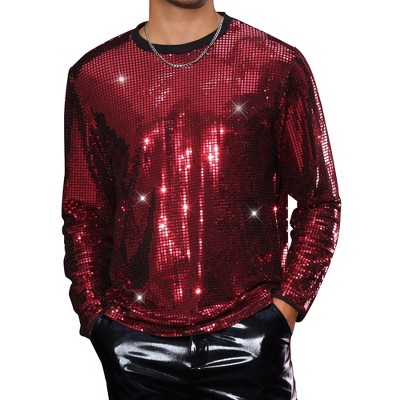 Lars Amadeus Men's Round Neck Long Sleeve Disco Party Shining Metallic Sparkly Sequin T-Shirt