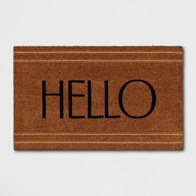 1'6"x2'6" 'Hello' Stripe Border Coir Doormat Natural - Threshold™: Outdoor Welcome Mat, Rectangle, Medium Pile