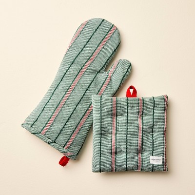 2pc Oven Mitten and Potholder Set Green/Red Stripe - Hearth & Hand™ with Magnolia