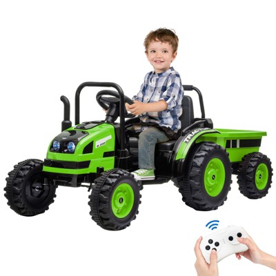 12V Kids Ride on Tractor with Tiltable Trailer 6 Wheels, Ride on Car with Remote Control, Battery Powered Electric Vehicle, Spring Suspension
