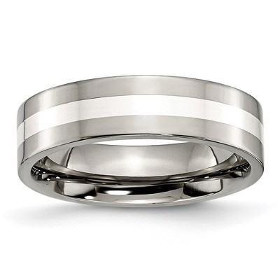 Chisel Titanium Polished with Sterling Silver Inlay 6mm Flat Band Ring