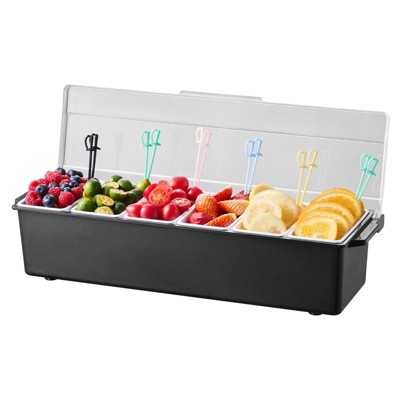 VEVOR Chilled Condiment Server, 6 Compartment Ice Cooled Condiment Serving Container, Chilled Garnish Tray Bar Caddy with Lid, Black