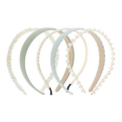 Unique Bargains Women's Plaid Solid Hairband Green Beige 1 Set