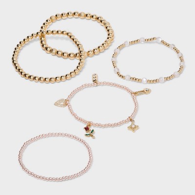 Mixed Beaded and Charm Bracelet Set 5pc - Wild Fable™ Light Pink/Gold