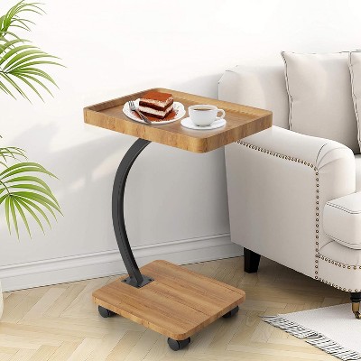 Space-Saving C-Shape End Table w/ Wheels & 2-Tier Shelves - Multi-Use Side Table for Couch, TV Tray, Living Room, Bedroom