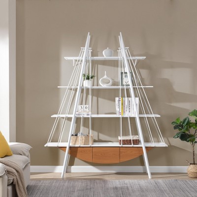 Kumasinova 84.3"H 4-Tier Sailboat-Inspired Bookshelf,Industrial Decorative Display Shelf with Drawer & Metal Frame for Living Room&Study