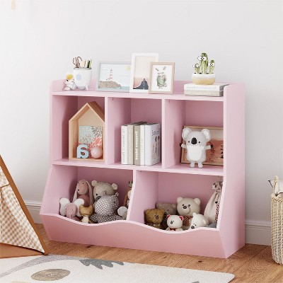 Kids Toy Storage Organizer with 5-Section Cubby Bookshelf, Wooden Cabinet for Playroom & Nursery