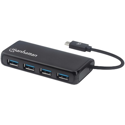 Manhattan® 4-Port USB 3.2 Gen 1 Hub with USB-C®-Male to 4 USB-A Females in Black
