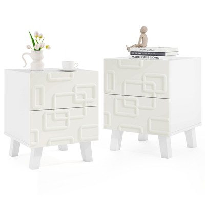 Tangkula 2PCS Mid Century Modern Bedside Table w/2 Storage Drawers 3D Geometric Patterns
