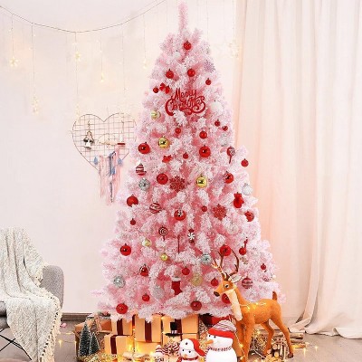 6 Ft Pink Artificial Christmas Tree, Snow Flocked Holiday Hinged Xmas Tree, Faux Pine Xmas Tree for Home, Office, Party