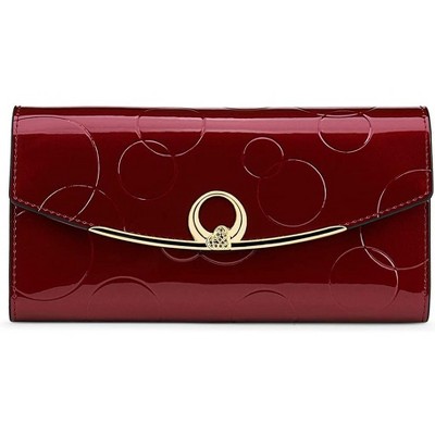 FATMOON Women's Wallet,Women's Genuine Leather Long Three Fold Wallet Bright Leather Large Capacity Buckle, Circled Embossed Pattern, RFID(Wine Red)