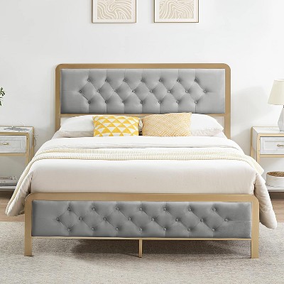 Full Size Bed Frame Velvet Upholstered Platform Bed with Button Tufted Headboard Heavy Duty Metal Mattress Foundation and Metal Slats No Box Spring R