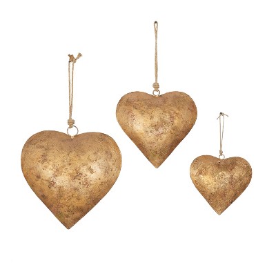 Set of 3 Iron 20" Rustic Hearts Bells Gold - Olivia & May: Decorative Hanging Charm, Spot Clean, No Choking Hazard