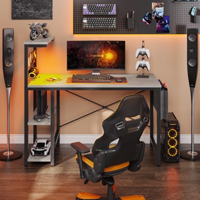 Bestier 44” Gaming Desk with LED Lights, PC Gamer Desk with 4 Tier Adjustable  Shelves & Storage Bag, Computer Office Desk for Small Spaces