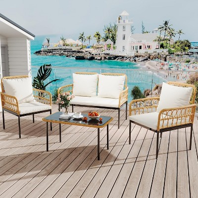 4-Piece Patio Set with Deep Seating & Waterproof Cushions, Boho Wicker Furniture with Coffee Table for Balcony, Backyard, Garden
