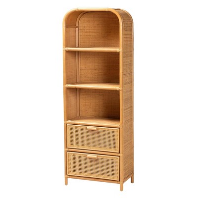 bali & pari 67.7" Curacao Rattan 2 Drawer Bookcase Light honey: Plywood Frame, 3-Tier, No Assembly Required