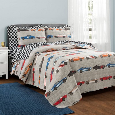 Kids' Race Cars Soft Reversible Oversized Quilt Set Blue/Orange - Lush Décor
