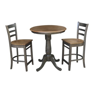 30" Austin Round Pedestal Counter Height Dining Set with 2 Emily Stools Hickory Brown - International Concepts