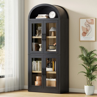 Arched Bookshelf with Doors Farmhouse Bookcase Display Storage Shelves 71.4in Tall Wooden Display Cabinet Rounded Bookcases