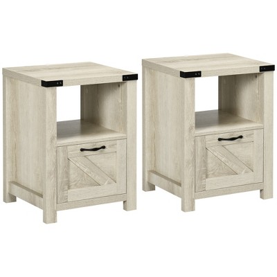 HOMCOM Farmhouse Side Table with 1 Drawer, 1 Open Shelf and Tabletop for Living Room, Set of 2, Oak