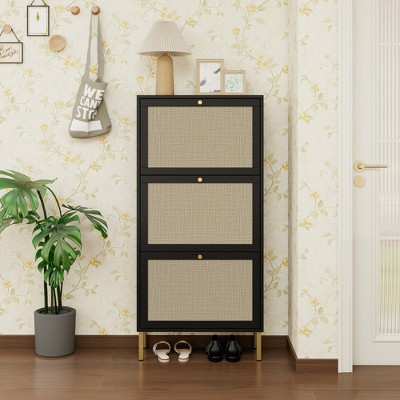 SKRAN Freestanding Rattan Shoe Cabinet, Narrow Hidden Shoe Storage Rack with 3 Flip Drawers for Entryway, Living Room and Porch