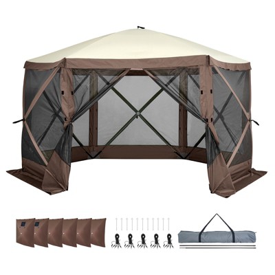 VEVOR Pop Up Gazebo Tent, Pop-Up Screen Tent 6 Sided Canopy Sun Shelter, 12.5x12.5FT Quick Set Screen Tent with Mosquito Netting, Brown