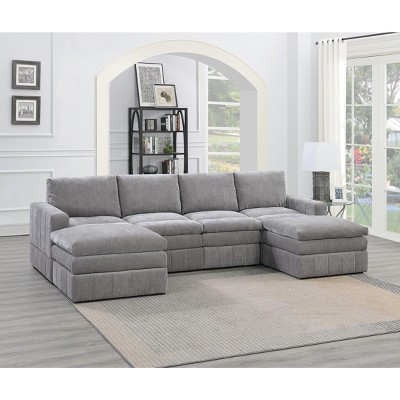 Okak Modern Convertible Sectional Sofa Couch with 2 Armchair/Wedge, 2 Armless Chairs /Ottomans 6 pc Fabric Plush Modular Sofa for Living Room