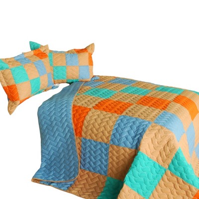 Slickblue 3 PC Full/Queen Quilt Set, Vermicelli-Quilted TC Fabric, Machine Washable, Patchwork, Blue/Brown