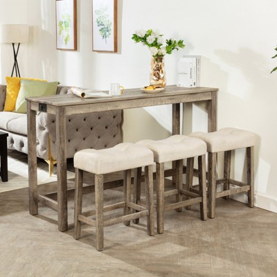 NicBex 59" Dining Table Set for 3 Bar Height Wooden Dining Table with Outlet with 3 Stools for Kitchen