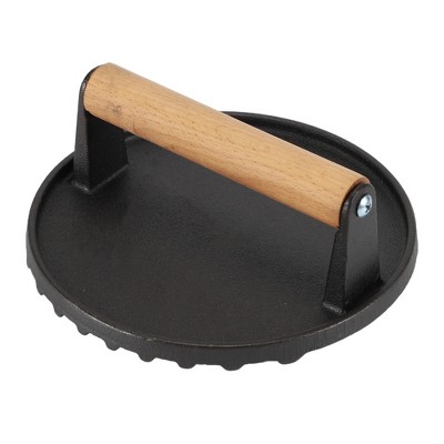 Unique Bargains Round Cast Iron Smash Bacon Press Meat Steak with Wood Handle Black 1 Pc