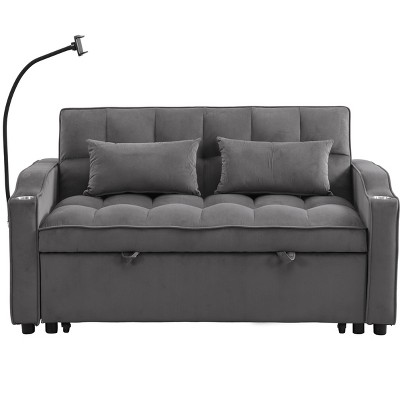 TiramisuBest Modern Velvet Loveseat Futon Sofa with Pullout Bed, Adjustable Backrest, Pillows, USB Ports & Phone Holder, Space-Saving,Light Gray