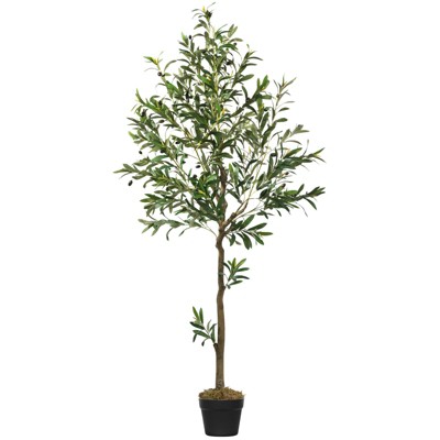 6ft Tall Faux Olive Tree with Natural Wood Trunk and Lifelike Fruits Artificial Olive Plant with Black Pot and Moss for Home Office Decor