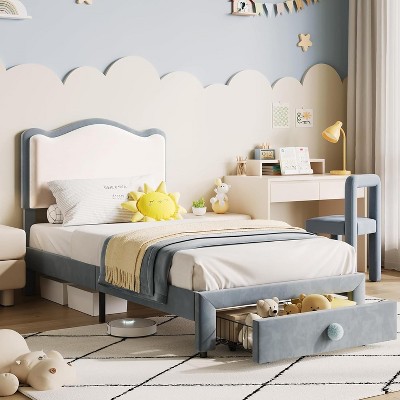 Upholstered Kids Twin Bed Frame,Noise-Free Toddler Platform Bed Frame with Headboard and Storage Drawer