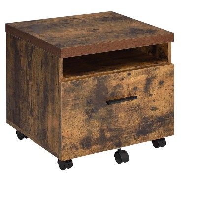 Gulches 18 Inch Tall Nightstand, Weathered Oak - Veneered, 1 Drawer, Featuring Movable Casters