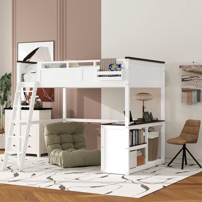 TIRAMISUBEST Queen Size Loft Bed with Bulit-in Desk,Open Shelf and a Storage Box, Solid Wood Loft Bedframe with USB Charging Station and Ladder