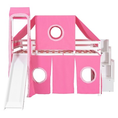 CLIHOME House Full Loft Bed with Slide, Storage Stairs and Tent, Wood Kids Loft Bunk Bed, Playhouse Full Bed Frame