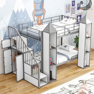TIRAMISUBEST Twin over Twin Castle-shaped Bunk Bed with Wardrobe and Storage Staircase, Metal Bunk Bedframe with Open Storage Shelves