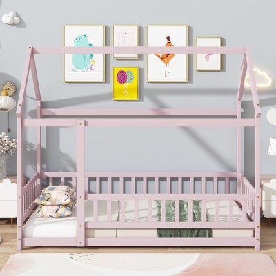 MAYEERTY Twin House Floor Wooden Bed with Roof Frame, Safety Guardrails Pink