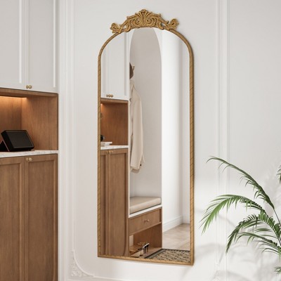 KTMBDW 58"x24"Arched Full Length Mirror, Wall Mounted or Standing Full Body Mirror with Vintage Ornate Carved Applique on Top for Bedroom or Cloakroom