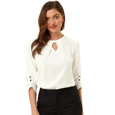 INSPIRE CHIC Women's Work Office Keyhole Pleated Front Ruched 3/4 Sleeve Chiffon Blouse