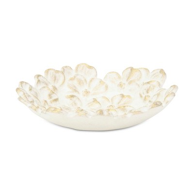 HomeRoots 7" White And Gold Cast Iron Flower Round Trinket Tray
