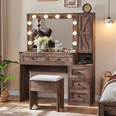 Vanity Tables with Charging Station & 2 Visible Drawers, 43" W Modern Vanity Makeup Desk with Lights Mirror and Drawers
