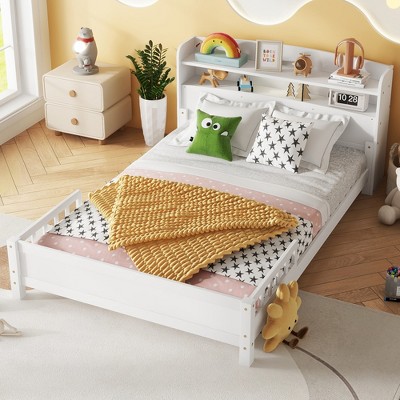 Twin/Full Size Platform Bed Frame with Bookcase Headboard, LED Motion Sensor Light & Guardrails - ModernLuxe