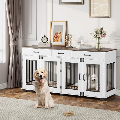 Acekool Dual Dog Crate & TV Stand - 71" Furniture Style Kennel with 3 Drawers