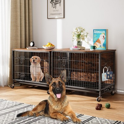 Dog Crate Furniture, 32.5'' Wooden Dog Kennel with Wheels and Double Door, Decorative Pet House with Removable Tray, Modern End Table
