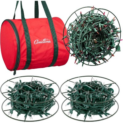 Camerons Christmas Light Storage Reel 3 Pack w Zippered Carrying Bag Case- 12" XL Heavy Duty Metal Construction for Lights, Wind up Extension Cords
