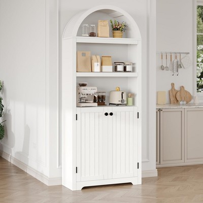 72'' Tall Arched Cabinet, 5 Tier Arched Bookshelf with Double Doors & Adjustable Shelf, Wooden Bookcase with Storage