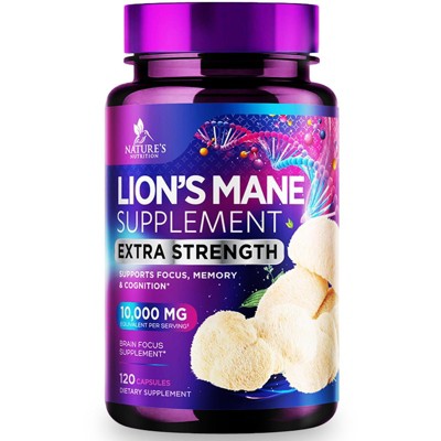 Lions Mane Mushroom Supplement, Brain Supplement, Mushroom Supplement for Focus, Memory, Cognition Support - 120 Capsules By Nature's Nutrition