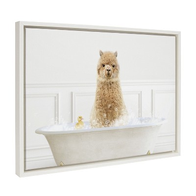 Kate and Laurel Sylvie Alpaca In Bubble Bath Neutral Style Framed Canvas by Amy Peterson Art Studio, 18x24, White